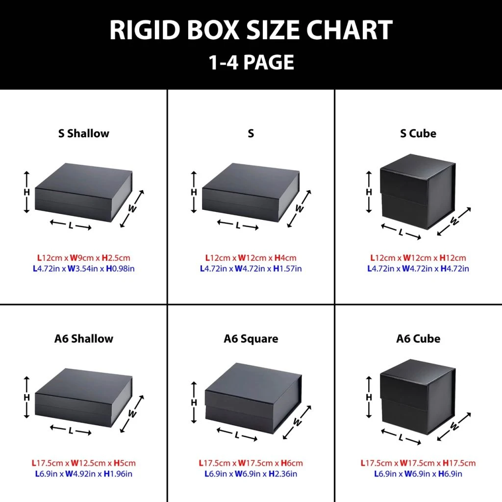  Rigid box size chart displaying measurements and options for different box configurations.