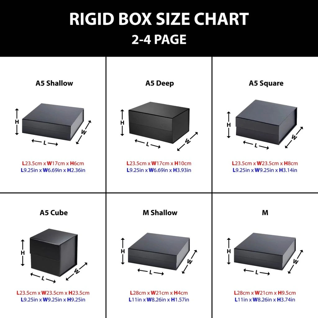 Chart detailing sizes of rigid boxes, including measurements and specifications for various packaging needs.