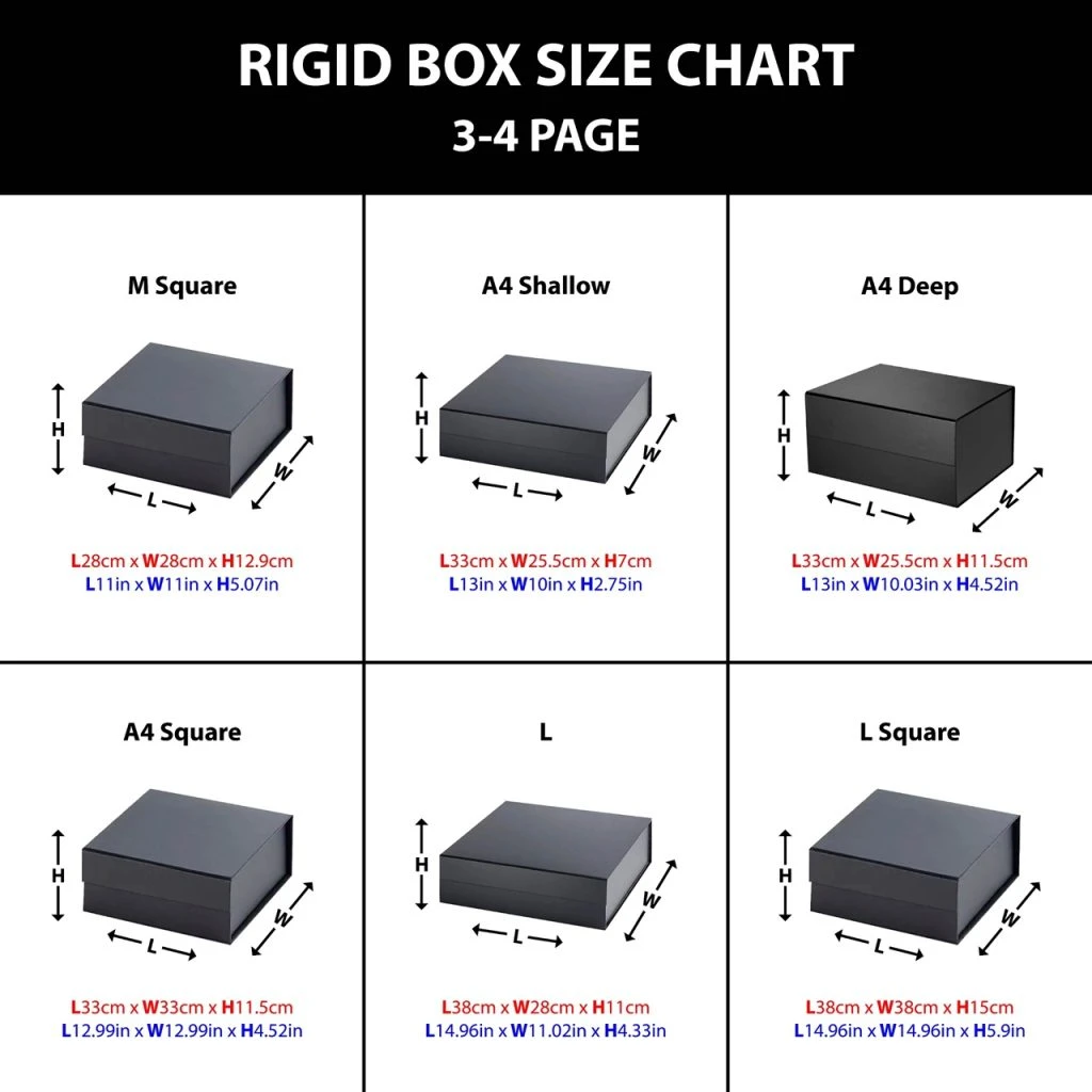 Best rigid boxes size chart spread over three pages, showcasing detailed dimensions and specifications for premium packaging solutions.