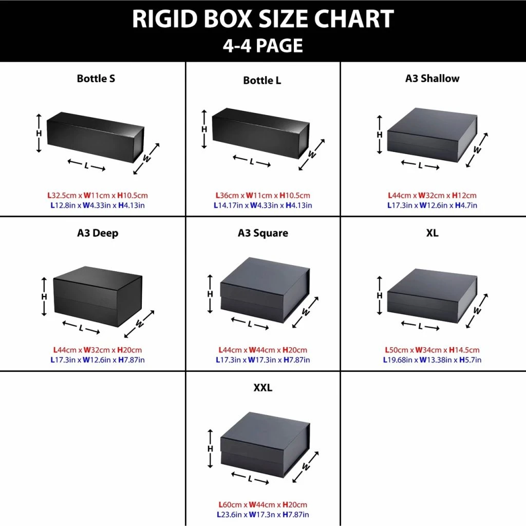  Rigid box size chart displaying various dimensions and specifications for packaging options.