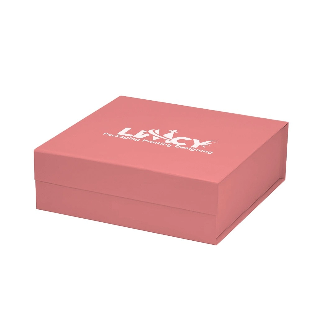 A baby pink rigid box featuring a prominent logo on its surface.