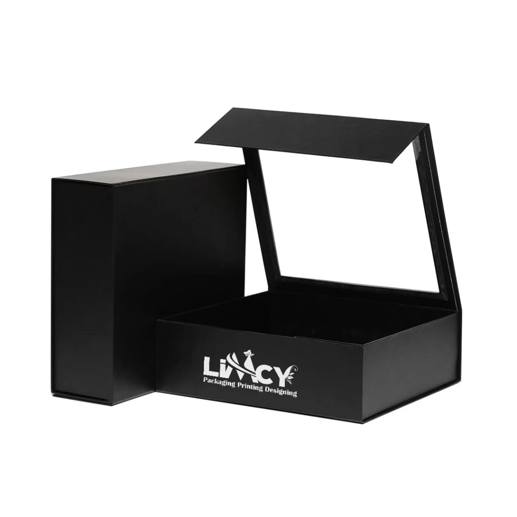 A black box featuring a prominent white logo on its surface.