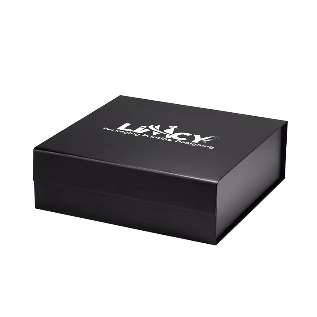 A black rigid box displaying a company's logo, designed for brand recognition.