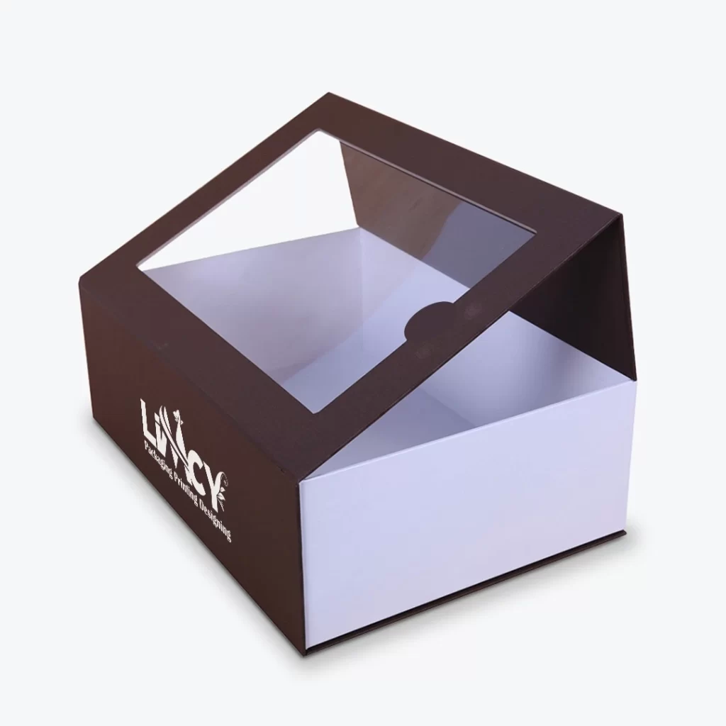 A brown box featuring a prominent white logo on its surface.