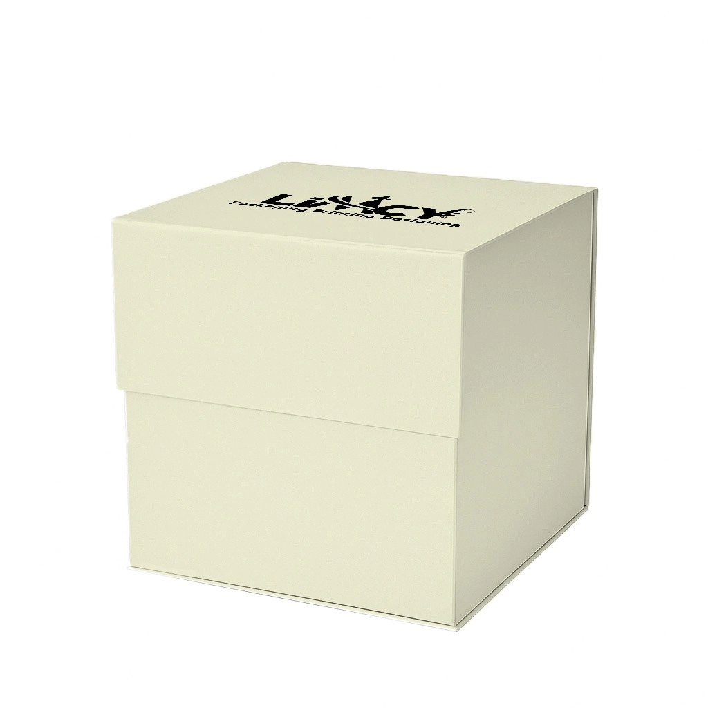 A cream rigid box featuring the logo of a company prominently displayed in the center.