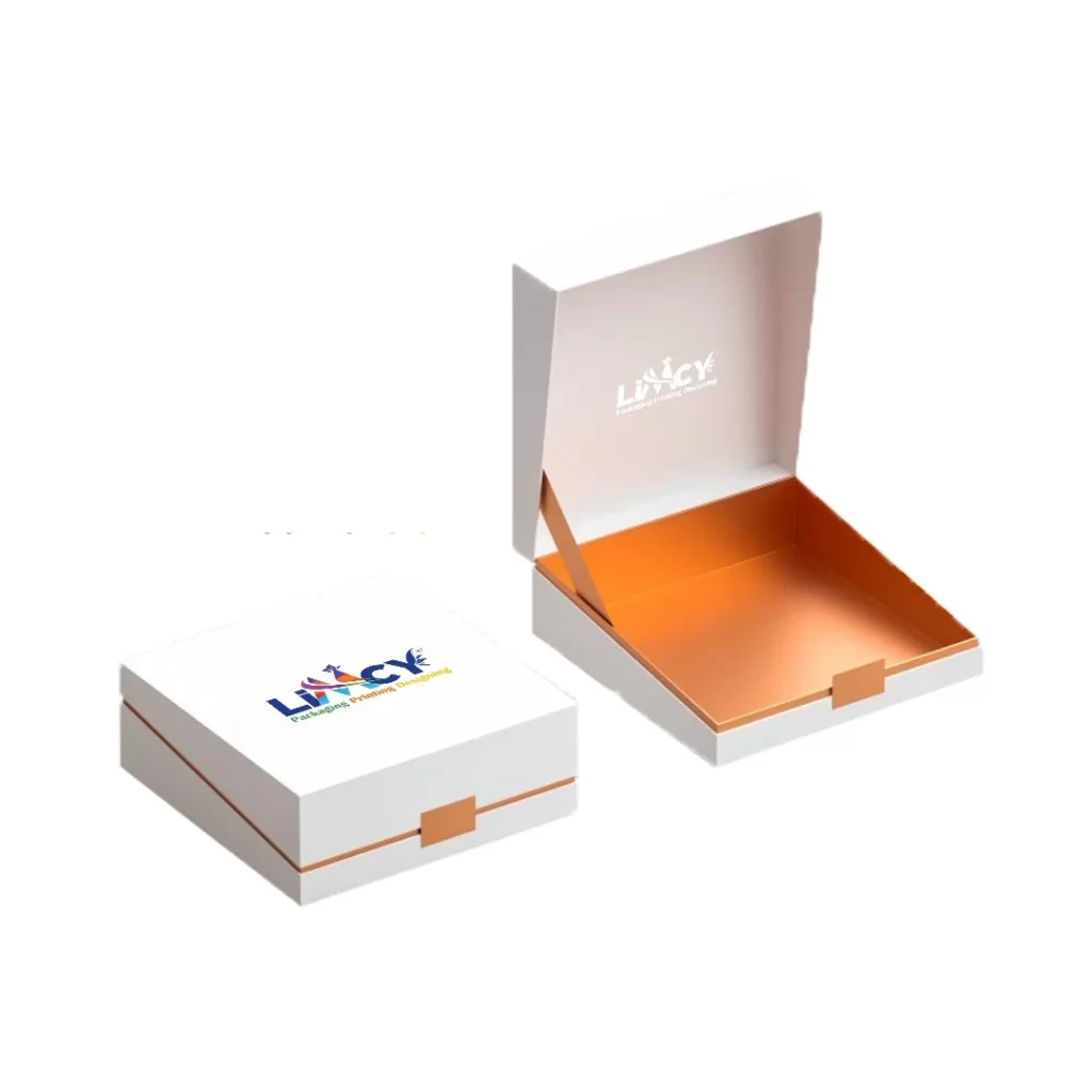 A white box topped with an orange lid, displaying a logo prominently.

