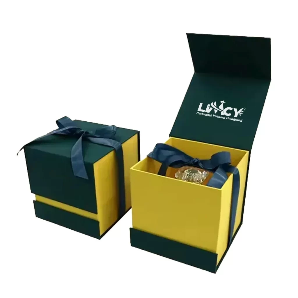 A yellow and green  rigid gift box adorned with a ribbon, symbolizing celebration and surprise.