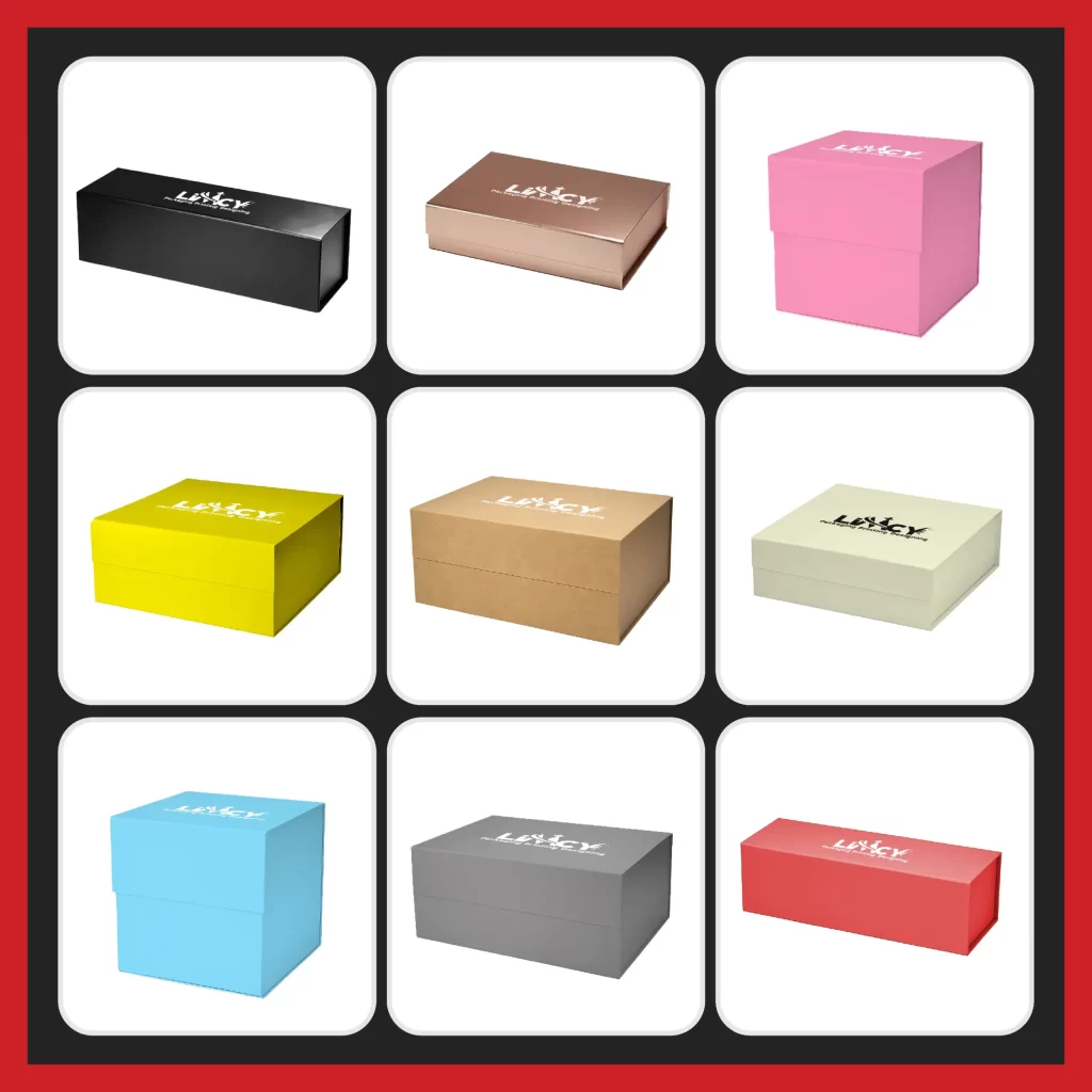 A collection of rigid boxes displaying the word "limcy" in various styles and colors, arranged artistically.