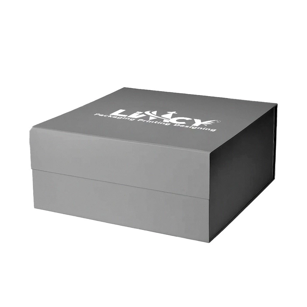 A gray rigid box featuring the logo of a company prominently displayed in the center.
