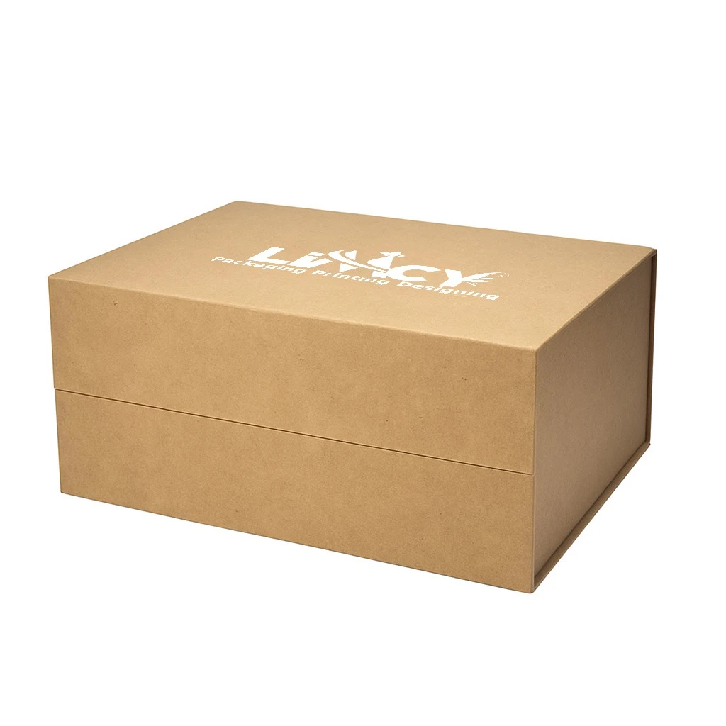 A deep, rigid brown box featuring a prominent white logo on its surface.