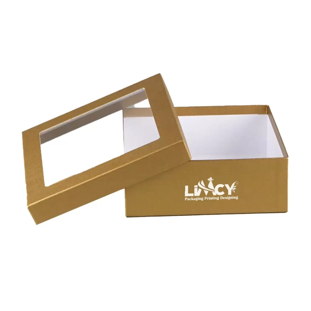 A rigid lid and base gift box with a window.