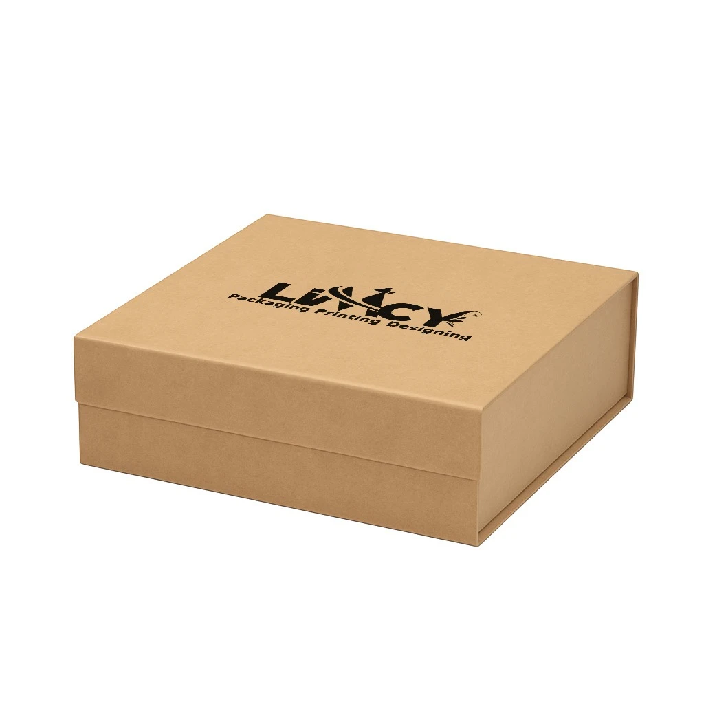 Light brown rigid box featuring the logo of a company prominently displayed in the center.