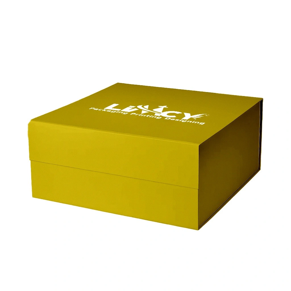 Mustard rigid box featuring the logo of a company prominently displayed in the center.