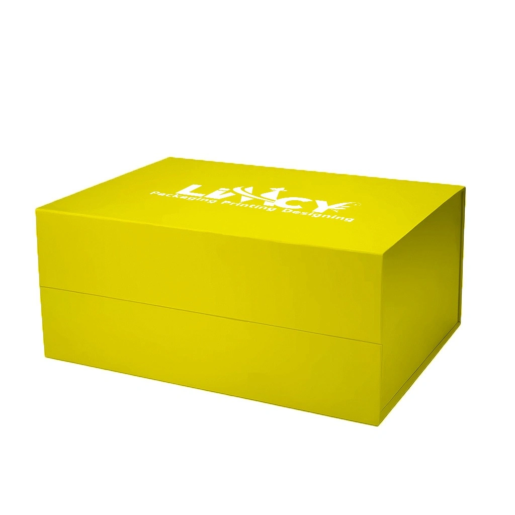 A yellow rigid box displaying a company's logo, designed for brand recognition.