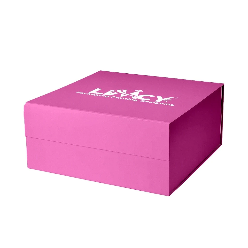 A pink square rigid box adorned with the Lucky logo, showcasing its branding.