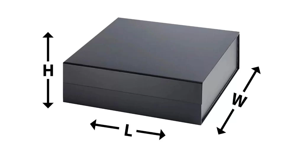 A black rigid box featuring measurement markings for reference, illustrating accurate rigid box dimensions for packaging.