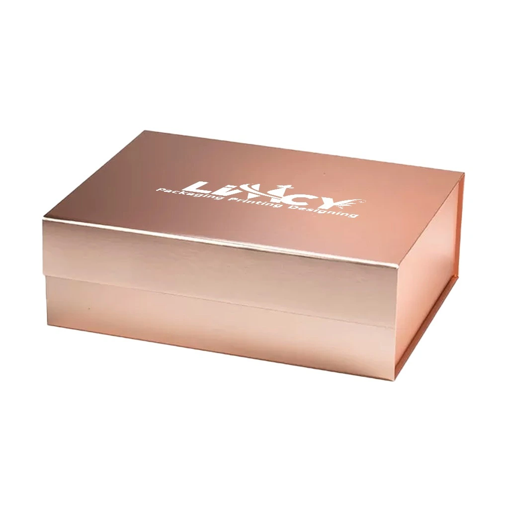 Rose gold rigid box featuring the logo of a company prominently displayed in the center.