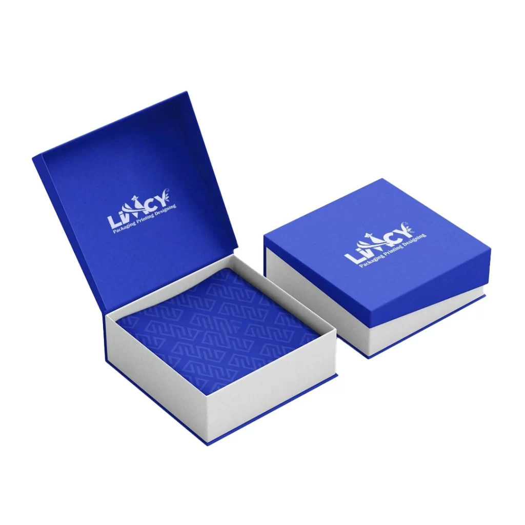  A blue box displaying a white logo, centered on the front.
