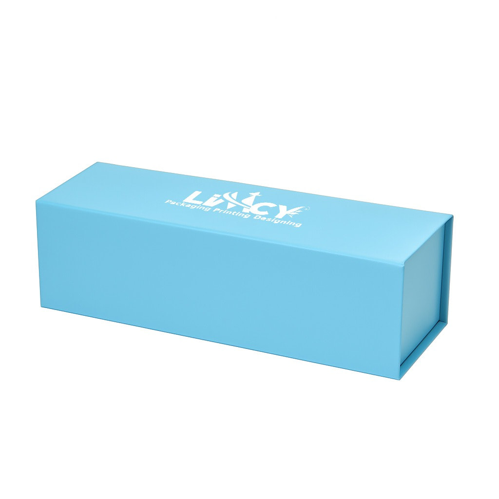 A sky blue rigid box featuring a prominent logo on its surface.