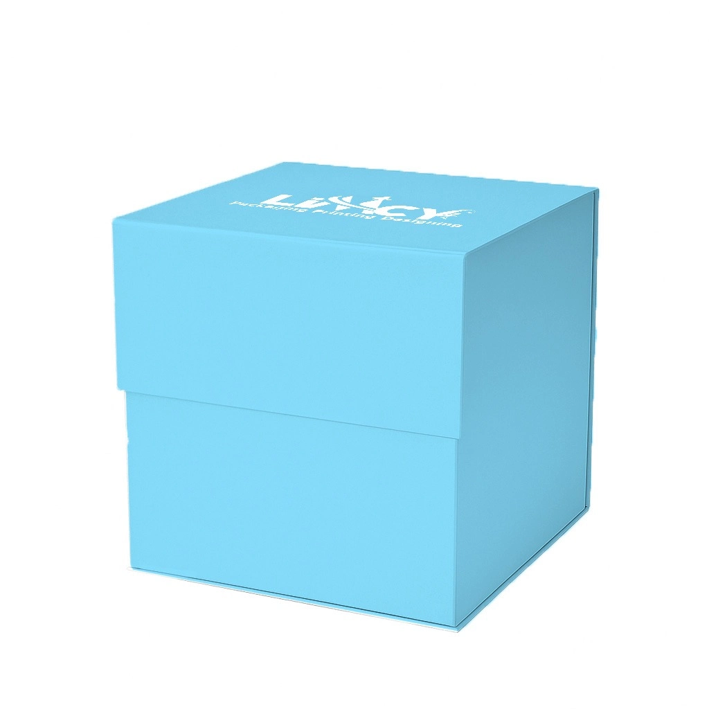 A cube shape sky blue rigid box adorned with the Lucky logo, showcasing its branding.