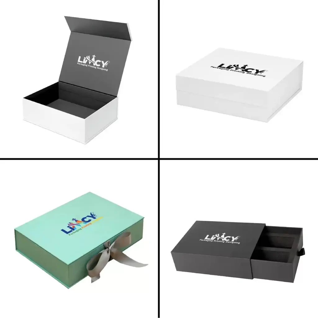 Four unique boxes featuring the word "limcy" each with a different style and appearance.