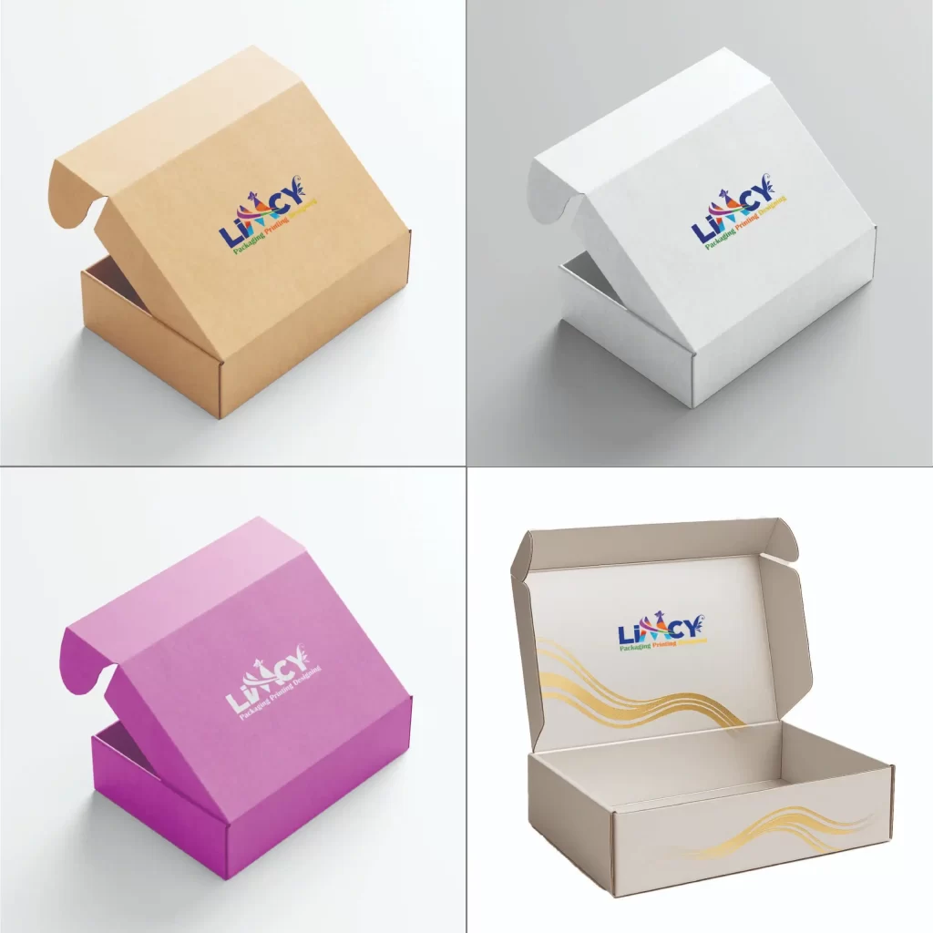 Four Mailer boxes with varying logos on them, presented together to highlight their unique branding.