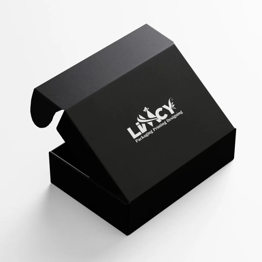 A black, partially open Mailer box with "Limcy Packaging Printing Designing" and a logo printed in white on the lid, displayed on a white surface.