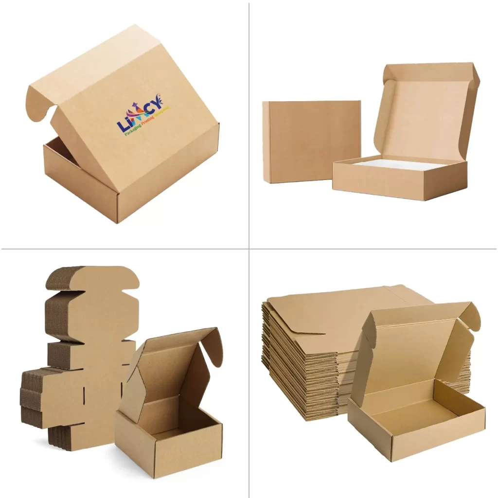 A collection of four Flat pack mailer boxes, each with different designs, highlighting their diverse appearances and textures.
