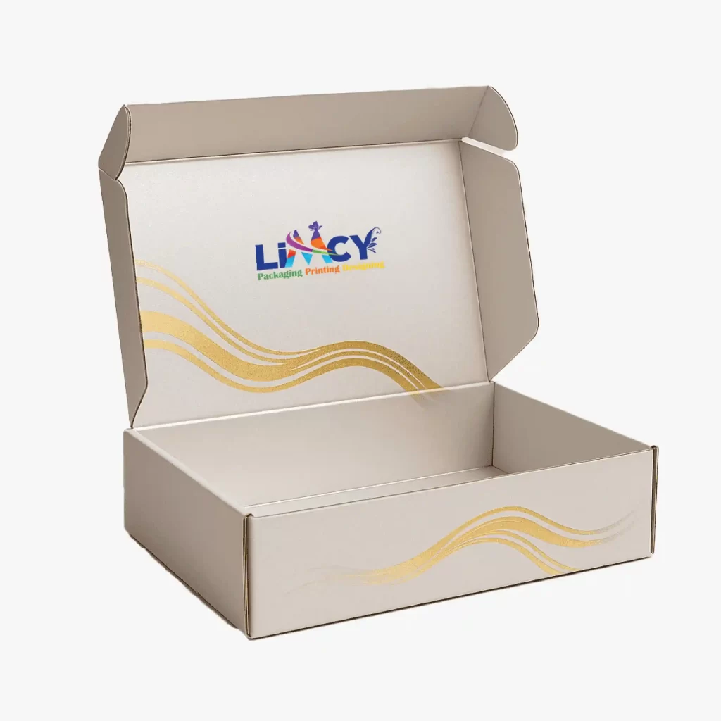 A gold foiled luxury mailer box featuring the logo of Limcy prominently displayed on the front.