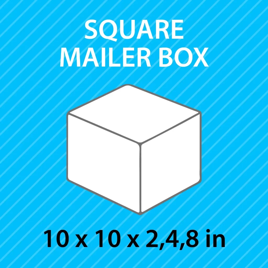 A small box labeled "square mailer box" in clear, bold text.