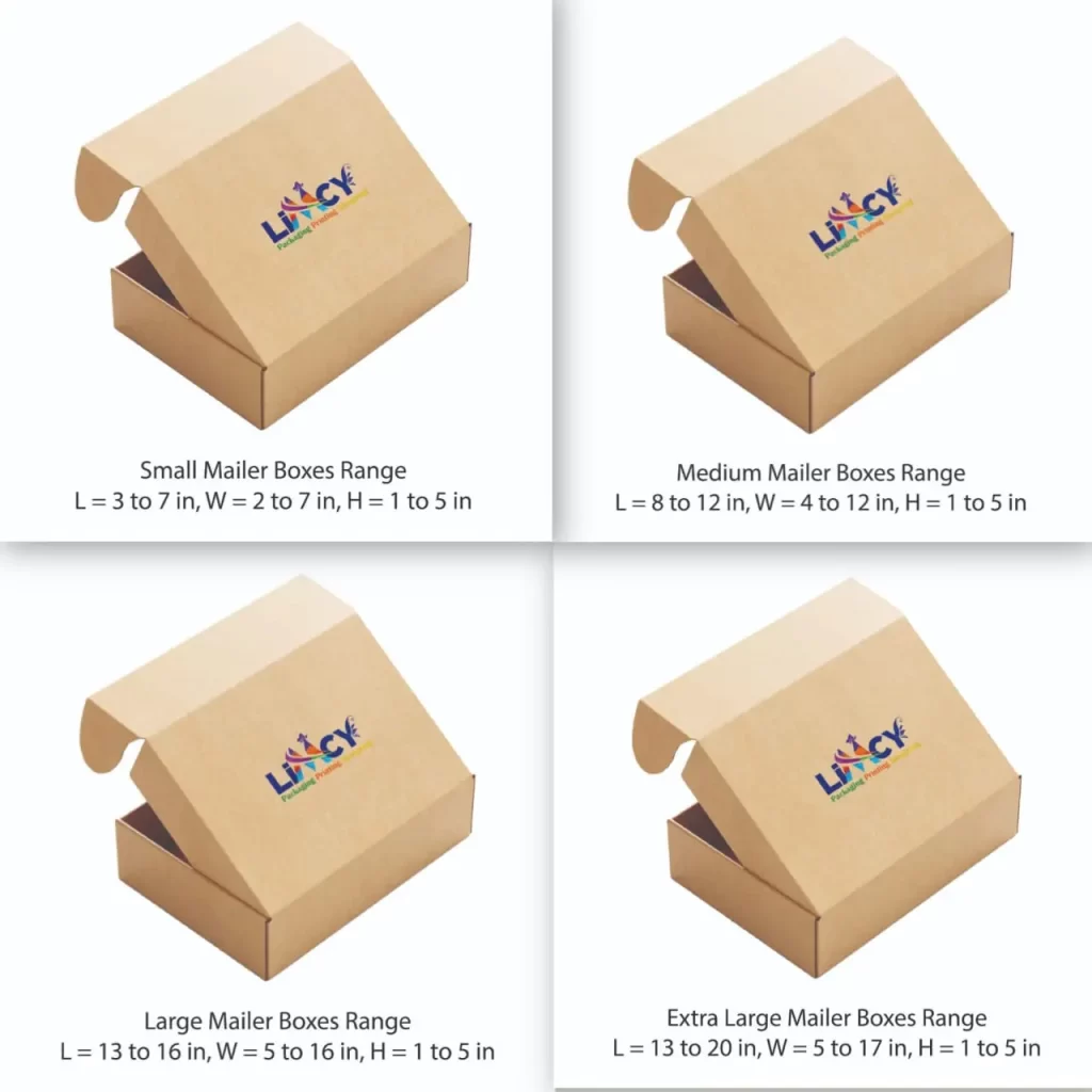 Four mailer box sizes displaying the same logo, arranged neatly in a row, showcasing a uniform design.