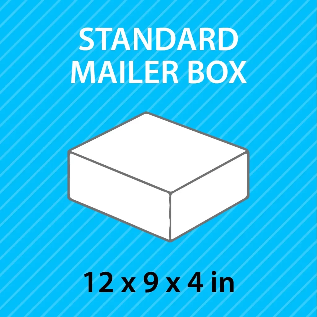 A small box labeled "standard mailer box" in clear, bold text.