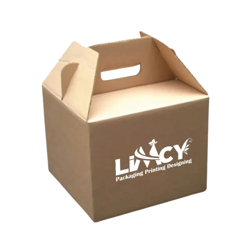Durable corrugated gable box with handle, strong packaging solution for shipping and carrying products.