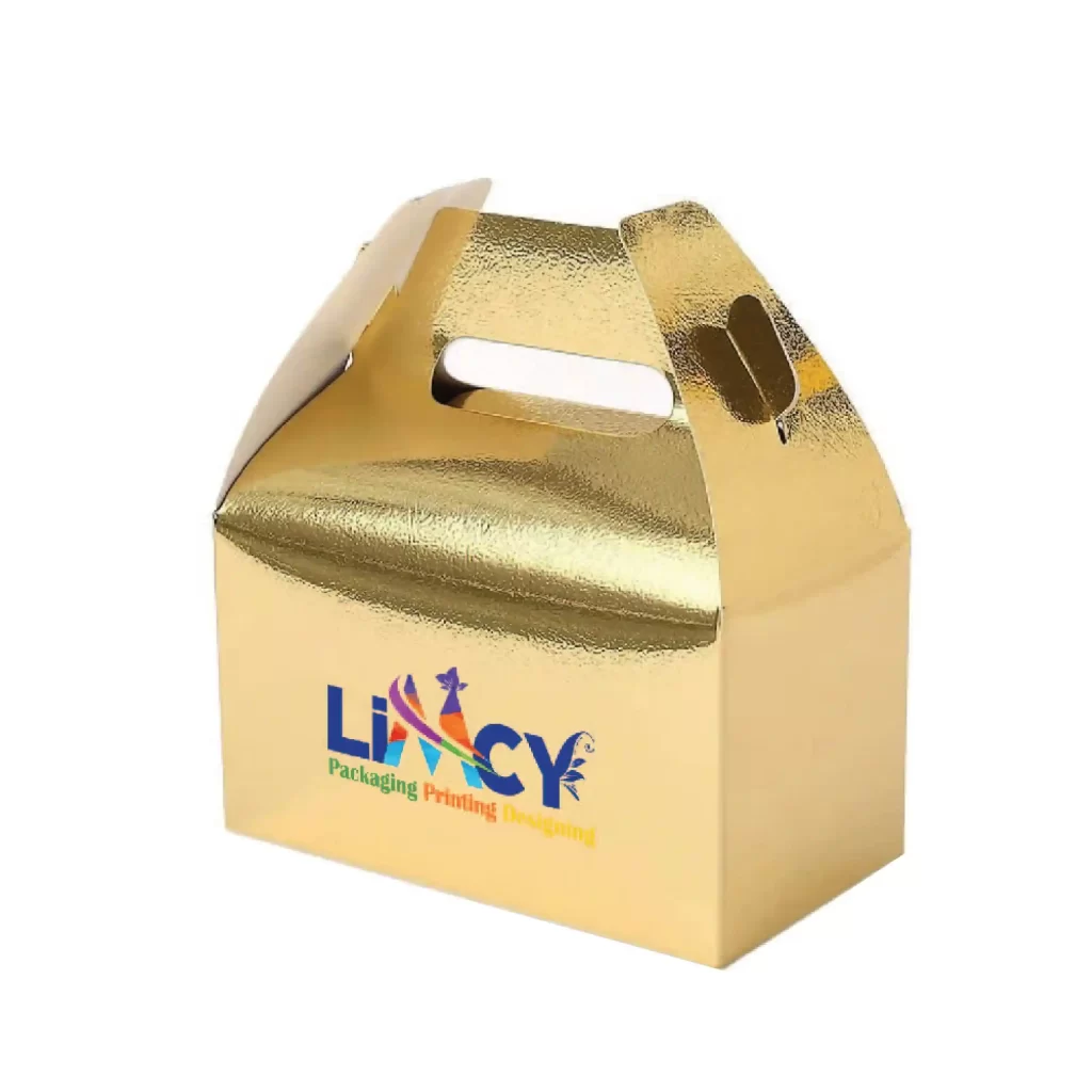 Elegant gold foil custom gable gift box adorned with a logo, perfect for special occasions.