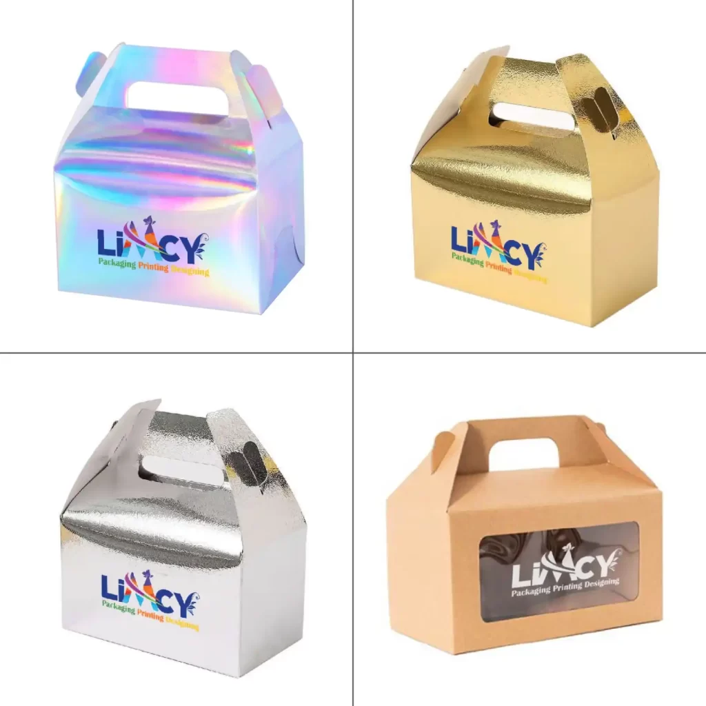 A collection of four gable boxes, each featuring the word "limcy" in different designs and colors.