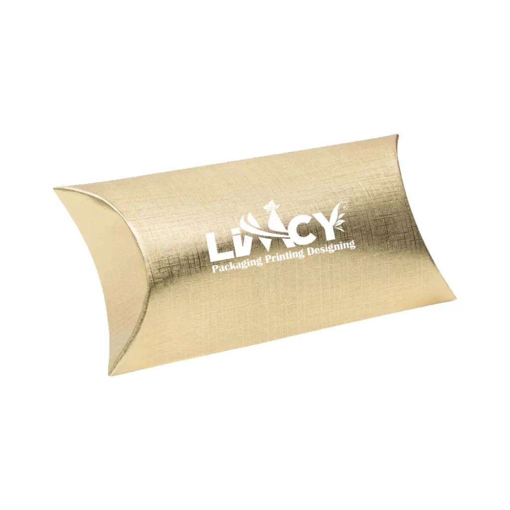Elegant gold foil custom pillow gift box adorned with a logo, perfect for special occasions.