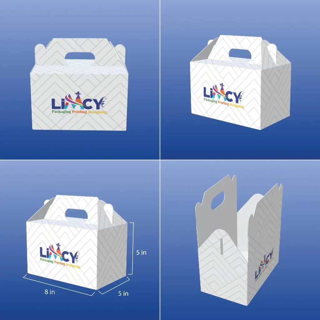 Four distinct angles of a white gable box size displaying a logo, illustrating its design and branding from various perspectives.