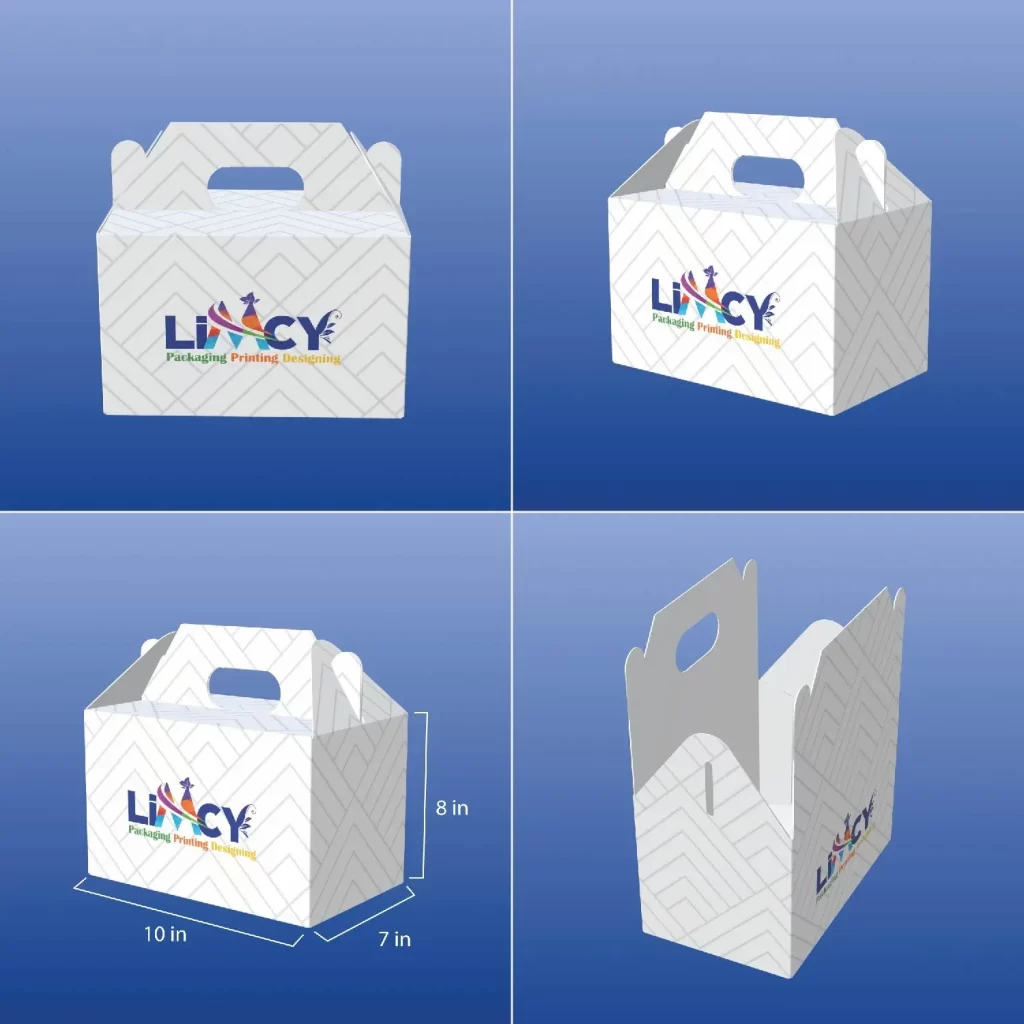 Four views of a white gable box featuring a logo, showcasing different angles and perspectives of the packaging design.