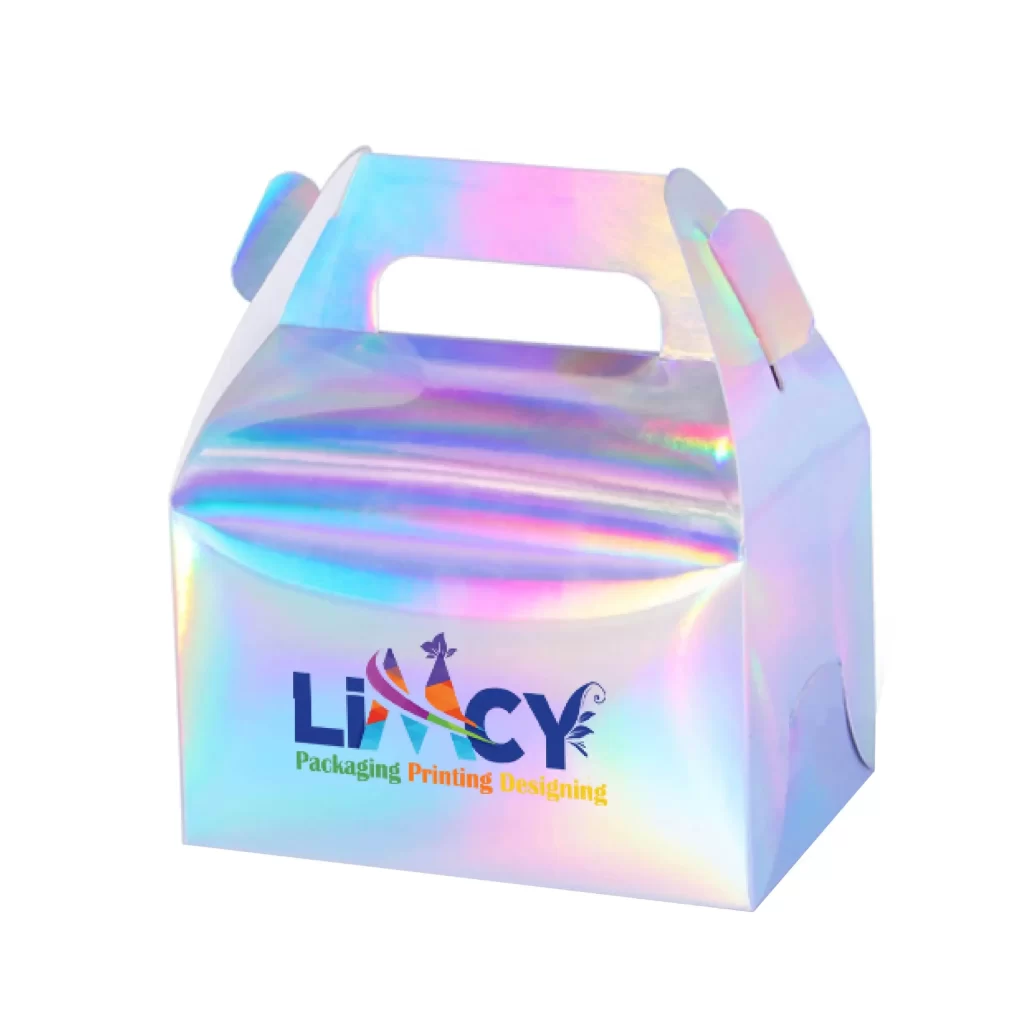 Metallic holographic gable box with handle, shiny rainbow reflection, and custom packaging design logo.