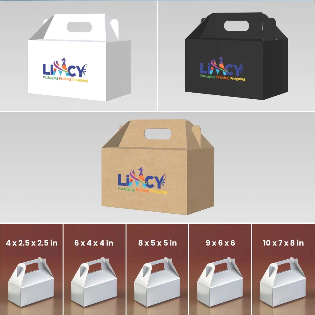 A collection of various Kraft gable packaging boxes designed for different products, showcasing diverse shapes and colors.