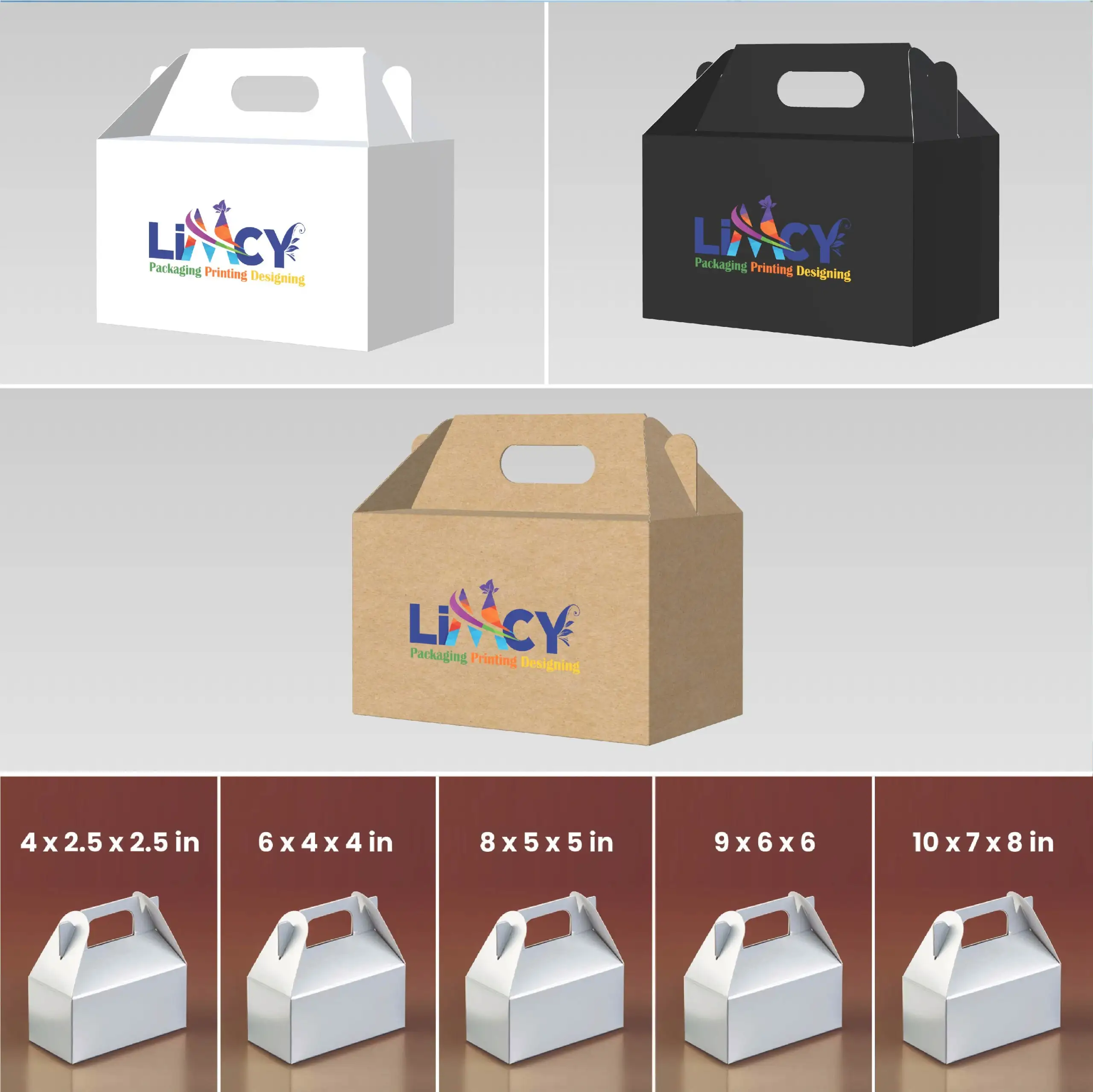 Kraft gable boxes A collection of various Kraft gable packaging boxes designed for different products, showcasing diverse shapes and colors.