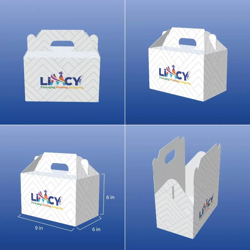 Four views of a white gable box featuring a logo, showcasing different angles and perspectives of the packaging design.