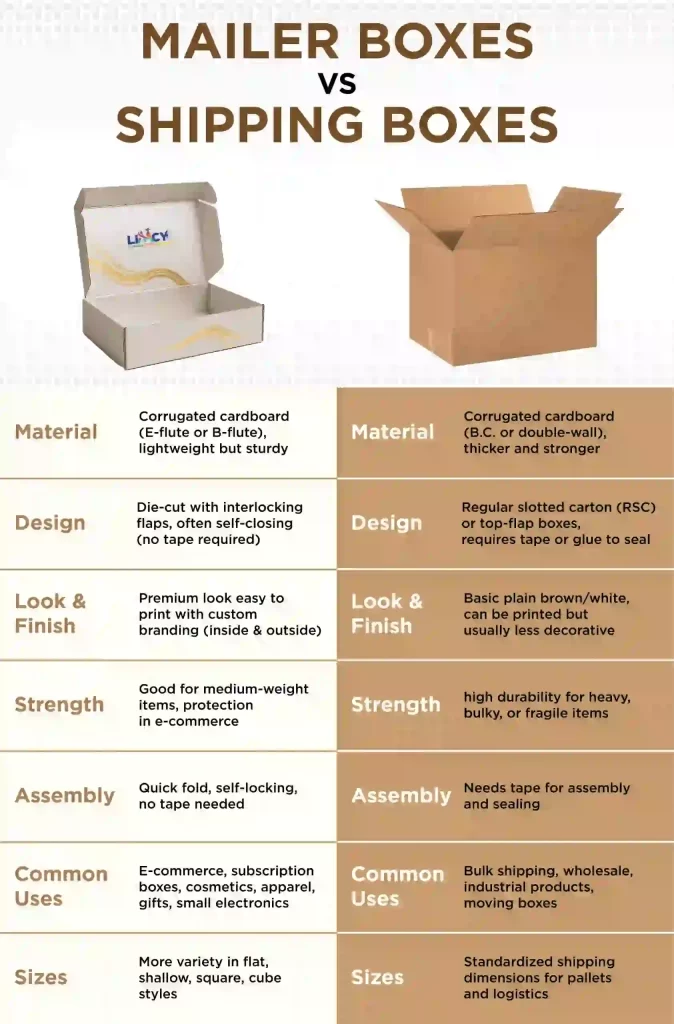 Comparison chart illustrating the differences between shipping boxes and mailer boxes, highlighting size and design features.
