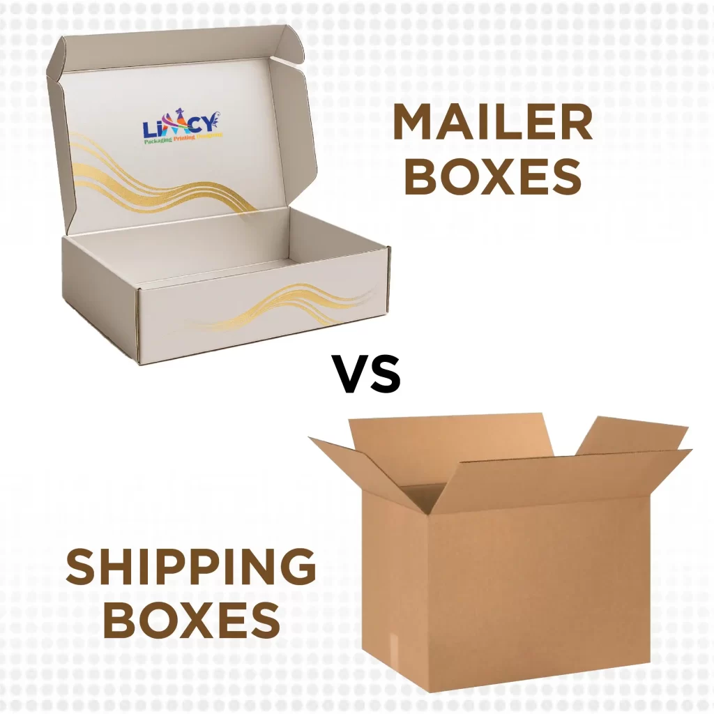 Visual comparison of mailer boxes vs. shipping boxes, showcasing their distinct shapes and purposes in shipping.