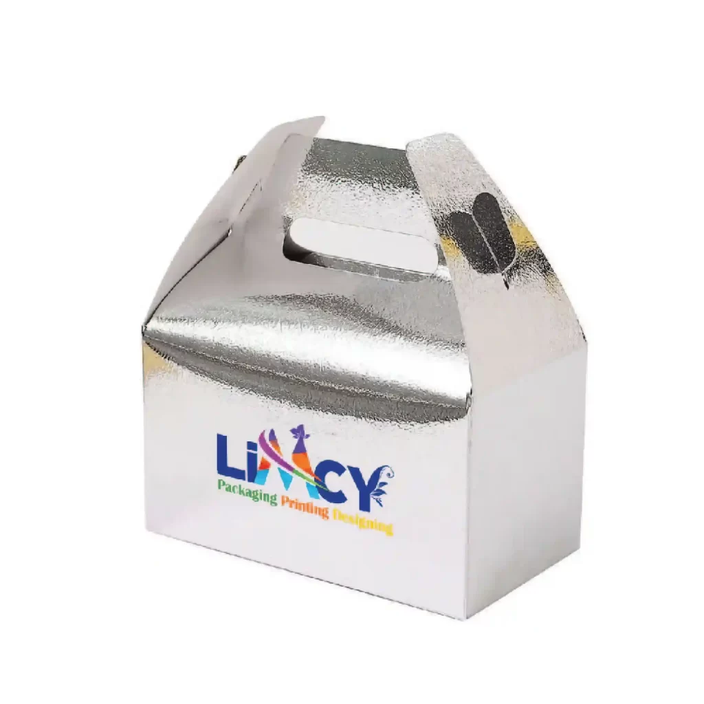 Elegant metallic silver foil gift box adorned with a logo, perfect for special occasions.