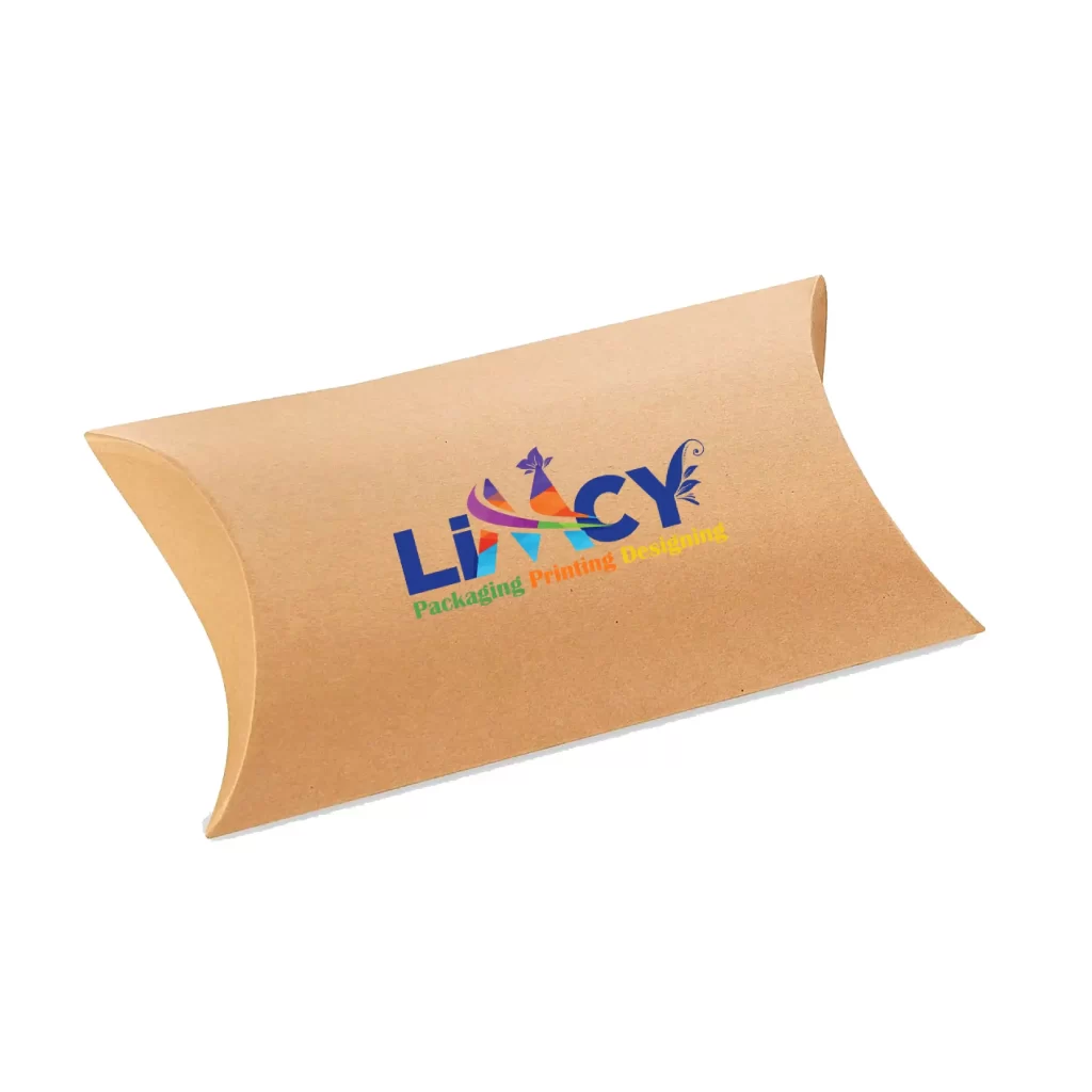 A brown paper bag featuring the Limcy logo prominently on the front, placed beside a custom pillow box, showcasing elegant product branding and packaging design.
