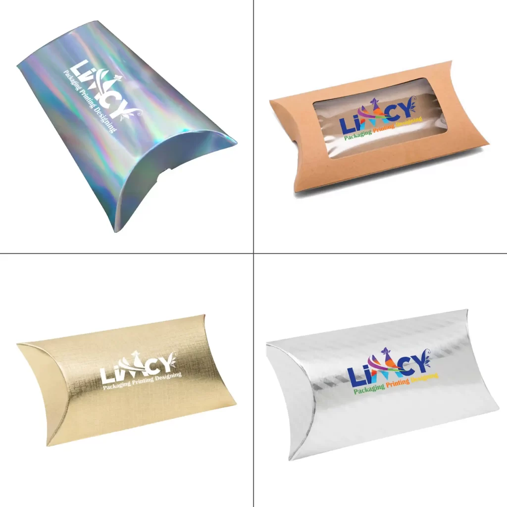 A collection of custom pillow box designs featuring different styles — a holographic pillow box, a kraft pillow box with a window, a gold metallic pillow box, and a silver pillow box — all showcasing the Limcy branding for packaging, printing, and designing.