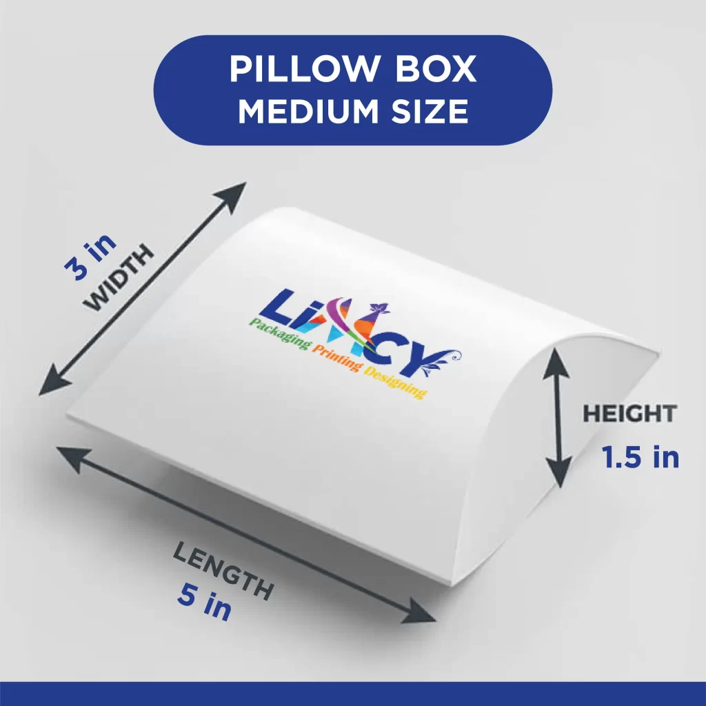 A white custom medium pillow box featuring the Limcy Packaging Printing Designing logo, shown with dimensions of 5 inches in length, 3 inches in width, and 1.5 inches in height.