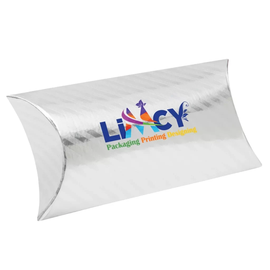 A metallic silver pillow box featuring the Limcy logo prominently displayed on its surface.