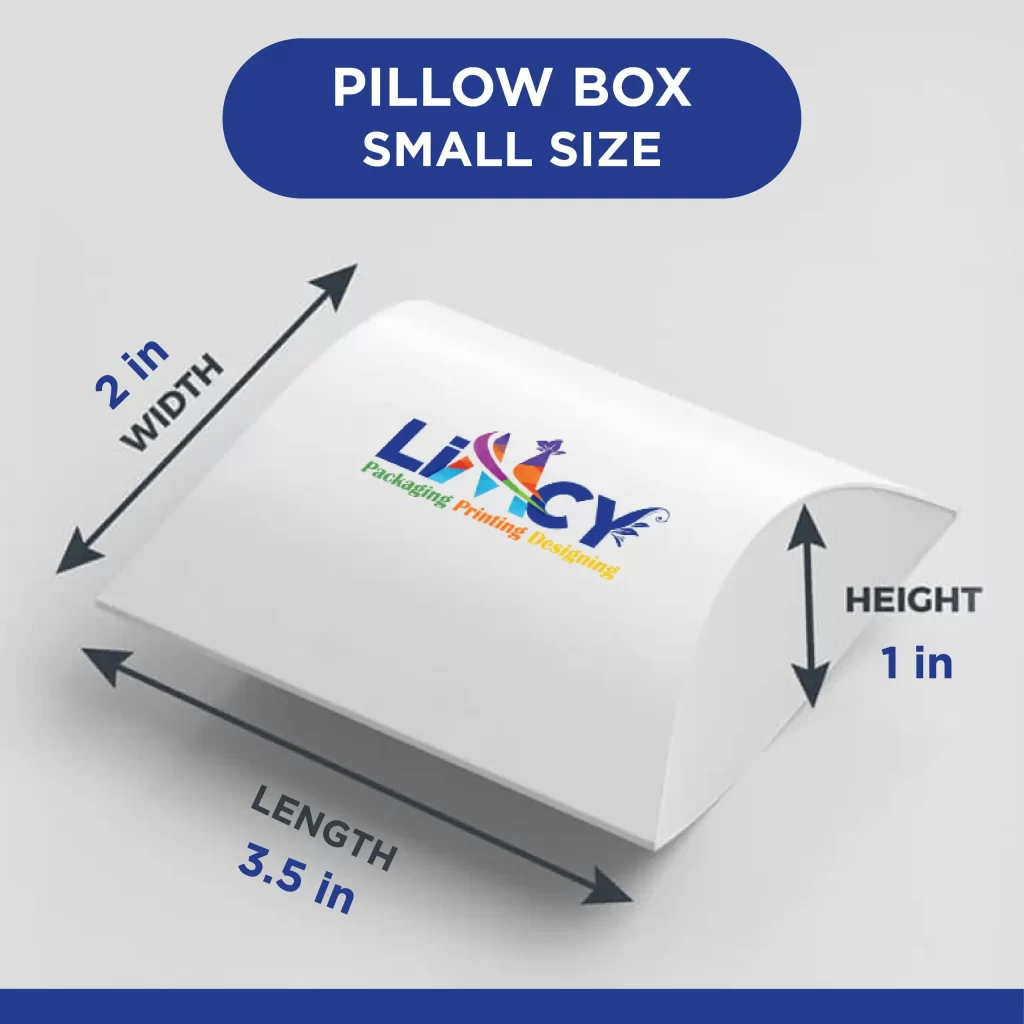 A white custom small pillow box with the Limcy Packaging Printing Designing logo, displaying dimensions of 3.5 inches in length, 2 inches in width, and 1 inch in height.